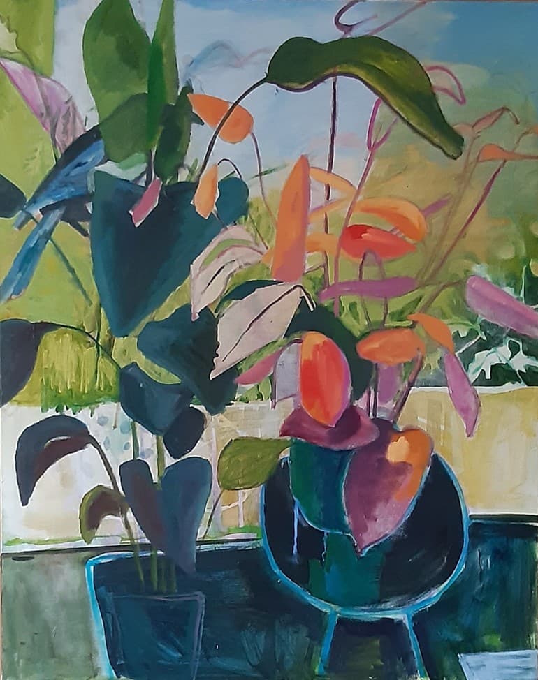 Achter de geraniums — Bij het raam